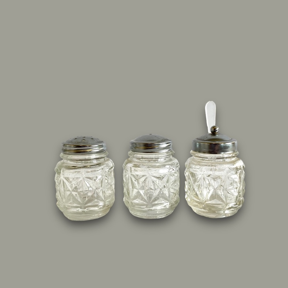 Vintage 3pc Glass Salt, Pepper, Jam or Sugar - Picture 2 of 9